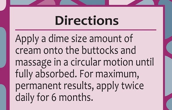 Booty Magic directions panel: apply dime-size cream and massage until absorbed