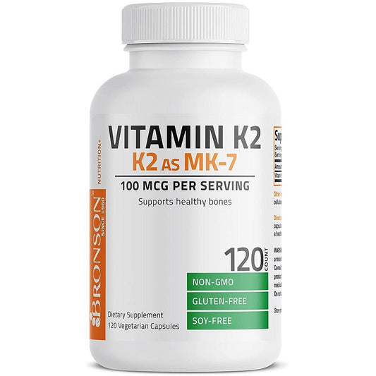 Vitamin K2 MK-7 supplement bottle, 100 mcg per serving, non-GMO gluten-free soy-free