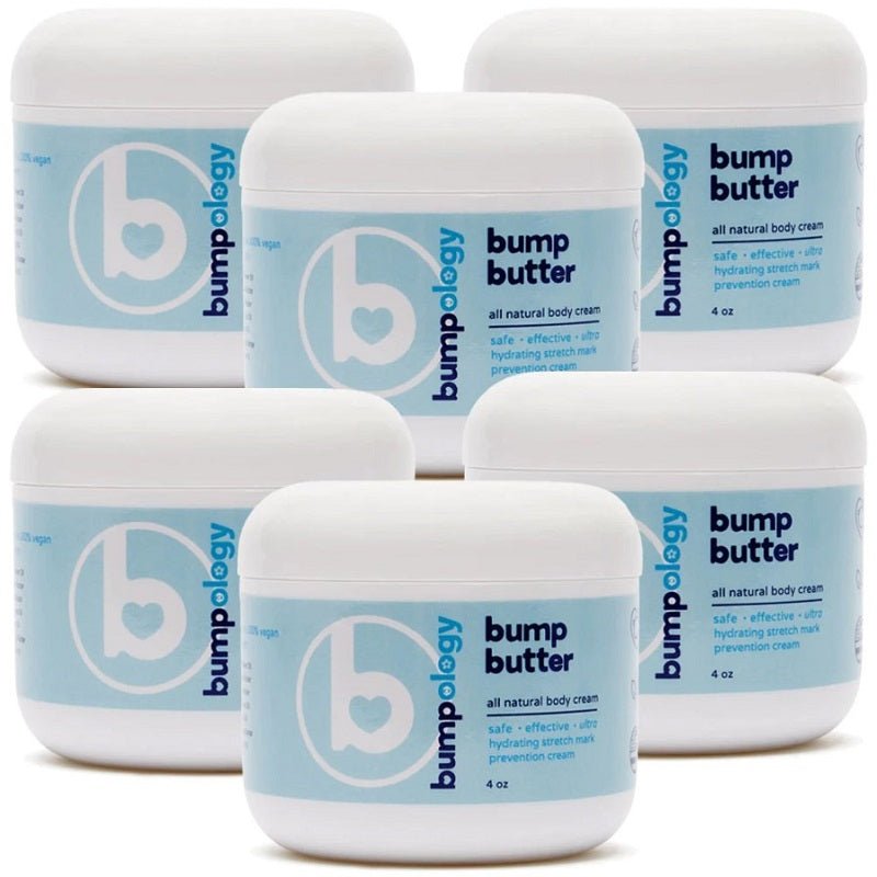 Five Bumpology Bump Butter cream jars, white lids, blue labels, 4 oz each