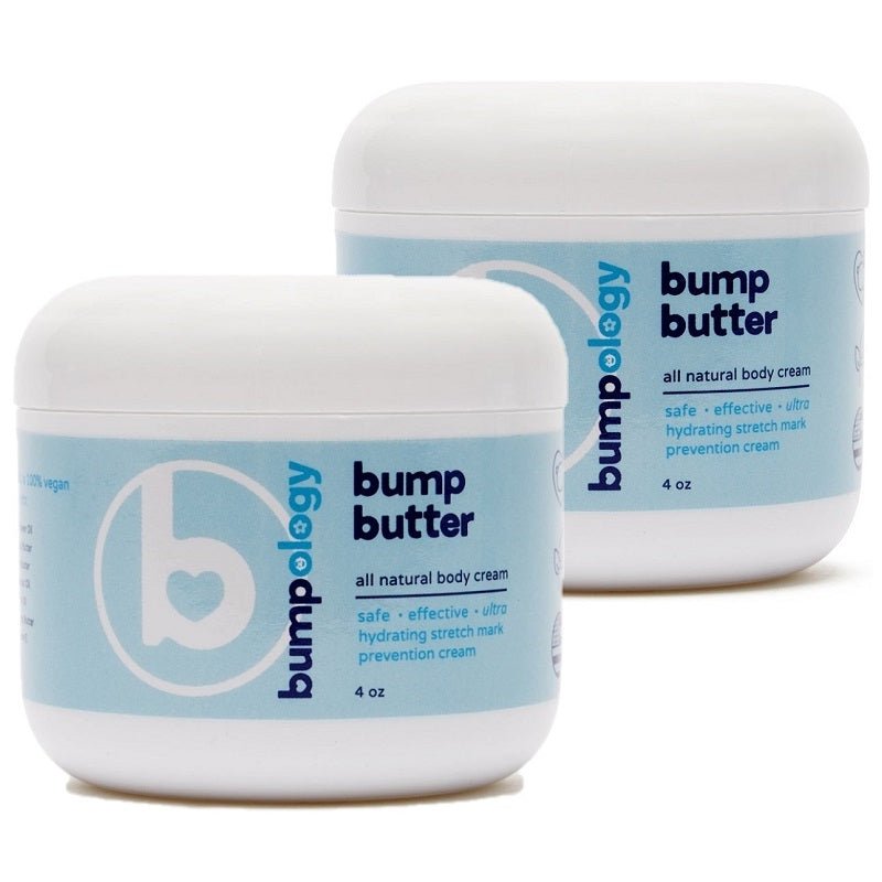 Two Bumpology Bump Butter cream jars, white lids, blue labels, 4 oz each
