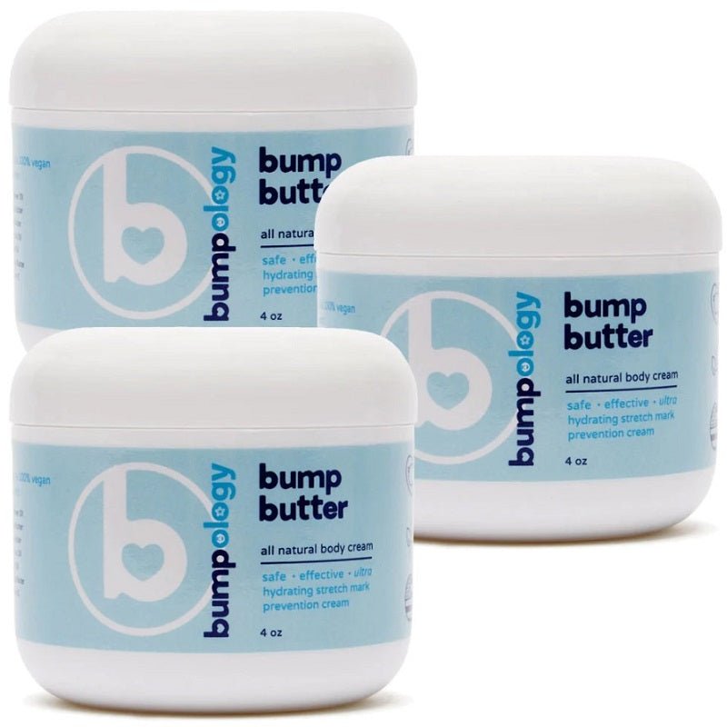 Three Bumpology Bump Butter cream jars, white lids, blue labels, 4 oz each