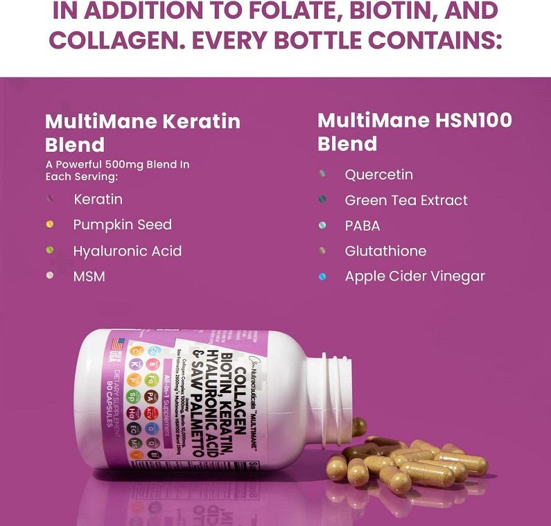 Supplement bottle with white cap and capsules, showing ingredient blend panels on the label