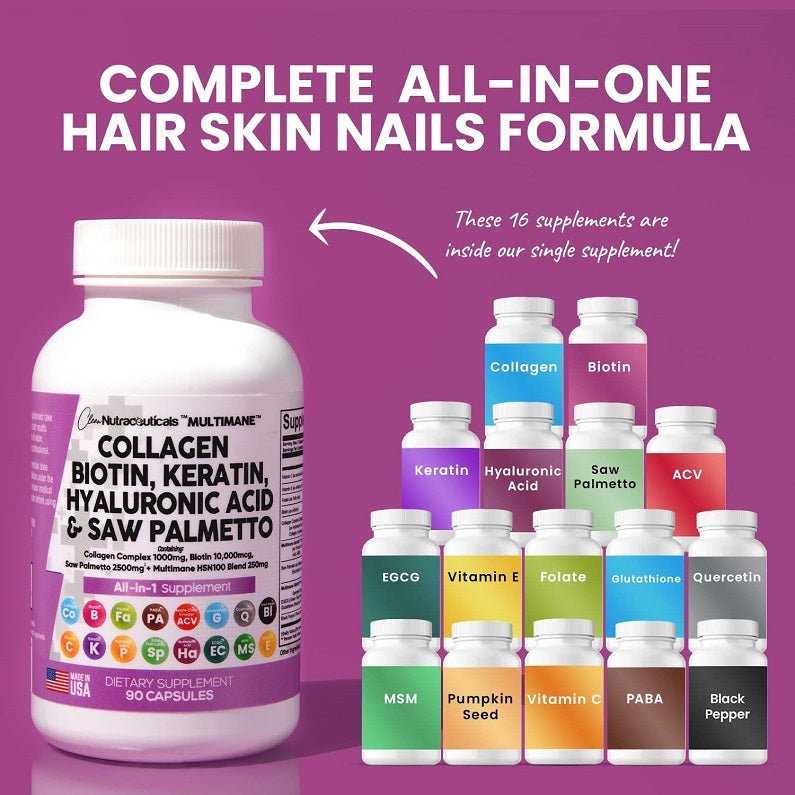 All-in-one supplement bottle with white cap plus small bottles; hair skin nails formula