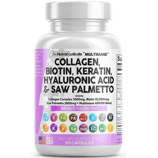 Collagen, biotin, keratin, hyaluronic acid, and saw palmetto supplement bottle front label