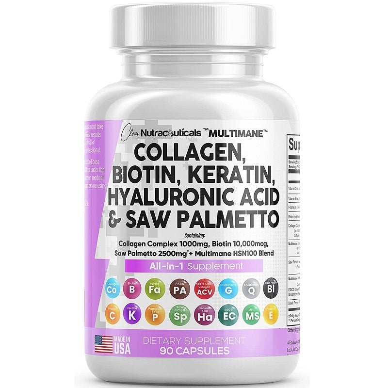Collagen, biotin, keratin, hyaluronic acid, and saw palmetto supplement bottle front label