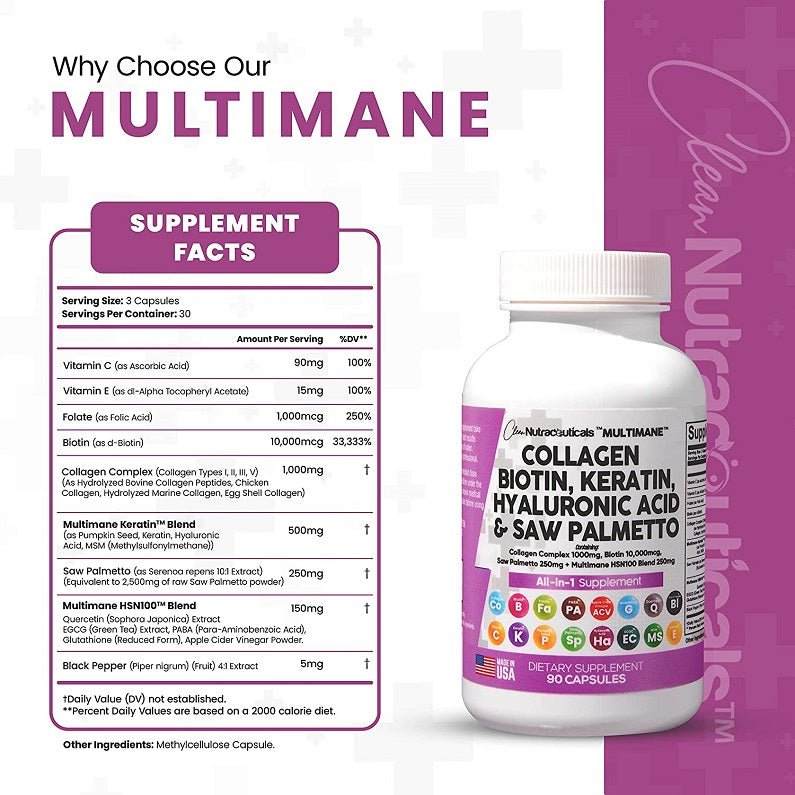All-in-one supplement bottle with front label and supplement facts table on the side