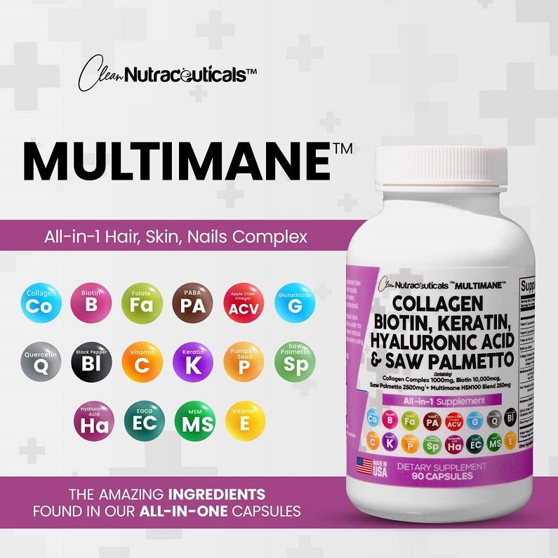 All-in-one supplement bottle for hair, skin, nails complex; label lists collagen, biotin, keratin