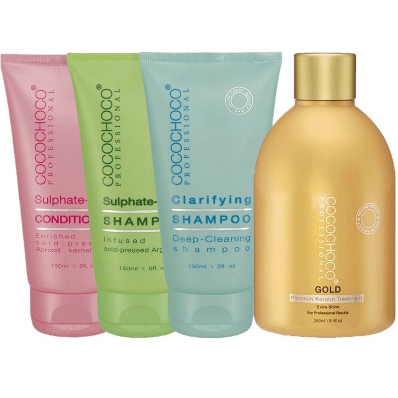 Cocochoco shampoo tubes (sulphate-free, sulphate, clarifying) with Keratin Gold bottle