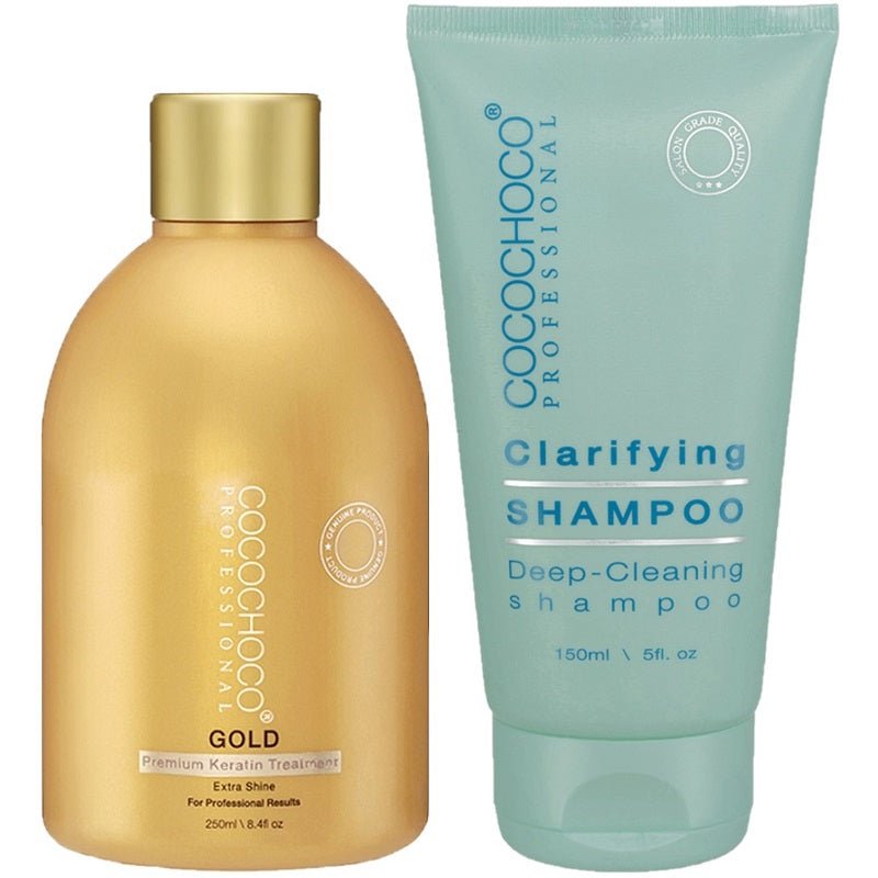 Cocochoco Keratin Gold 250 ml bottle and Clarifying Shampoo tube