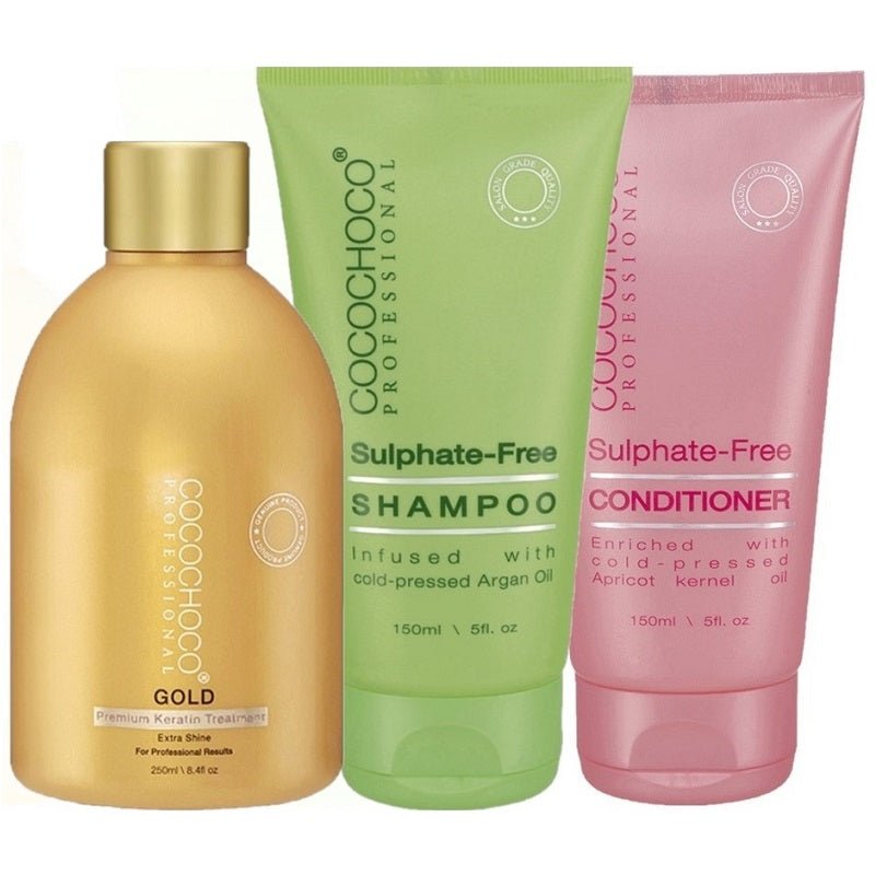 Cocochoco Keratin Gold bottle with sulphate-free shampoo and conditioner tubes