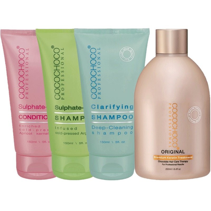 Keratin set: original bottle plus three shampoo tubes in pink, green, and teal