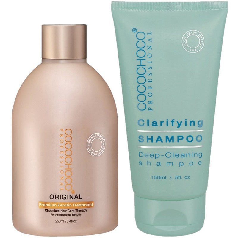 Original keratin treatment bottle and clarifying shampoo tube, beige and teal colors