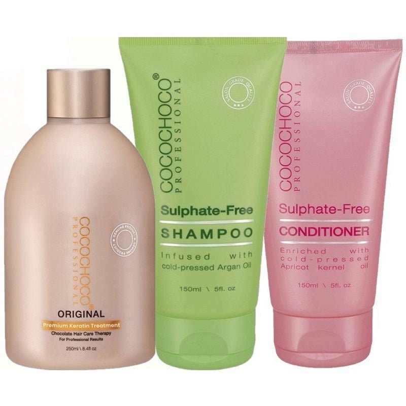 Keratin set: original bottle with sulfate-free shampoo and conditioner tubes in green and pink