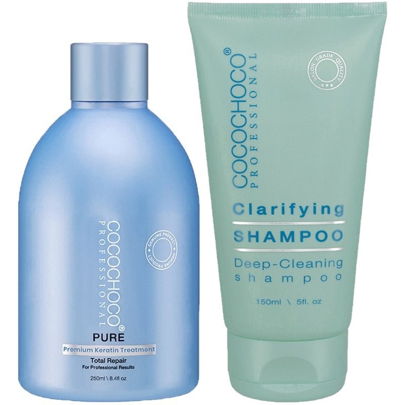 Cocochoco keratin treatment bottle and clarifying shampoo, light blue and mint tubes