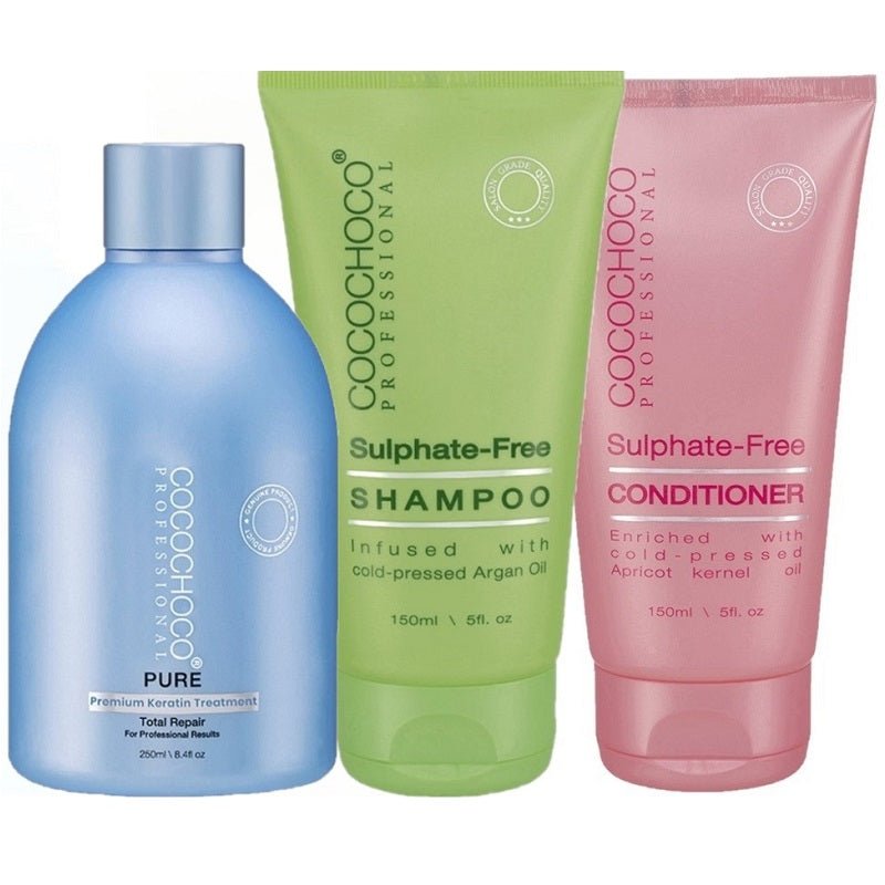 Cocochoco keratin treatment bottle with sulphate-free shampoo and conditioner tubes