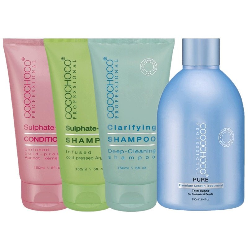Cocochoco shampoo tubes and clarifying shampoo with Cocochoco Pure keratin treatment bottle