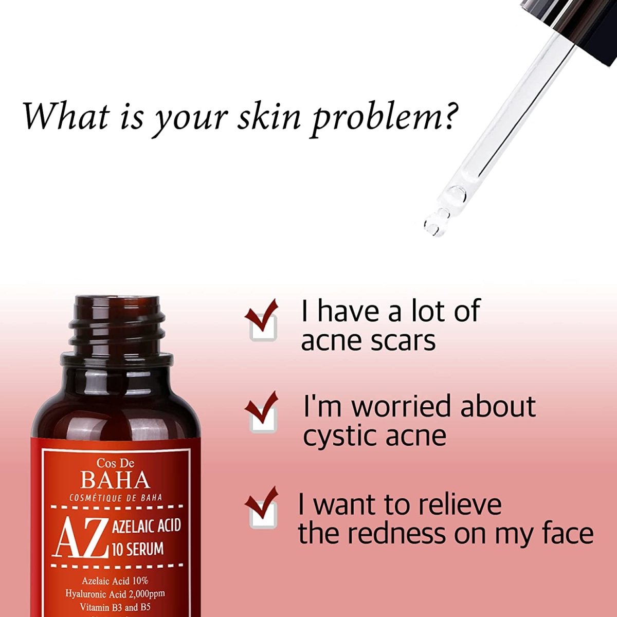 Azelaic acid 10% serum bottle with acne concern checklist