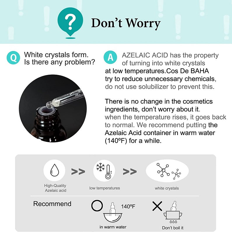 Azelaic acid 10% serum storage infographic about white crystals at high temperature