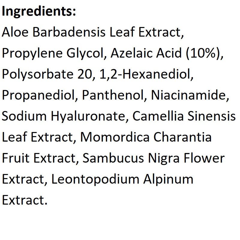 Azelaic acid 10% serum ingredient list panel, including niacinamide and panthenol
