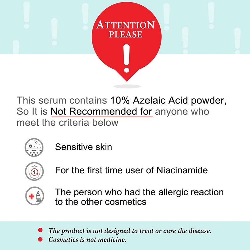 Azelaic acid 10% serum attention warning infographic for sensitive skin