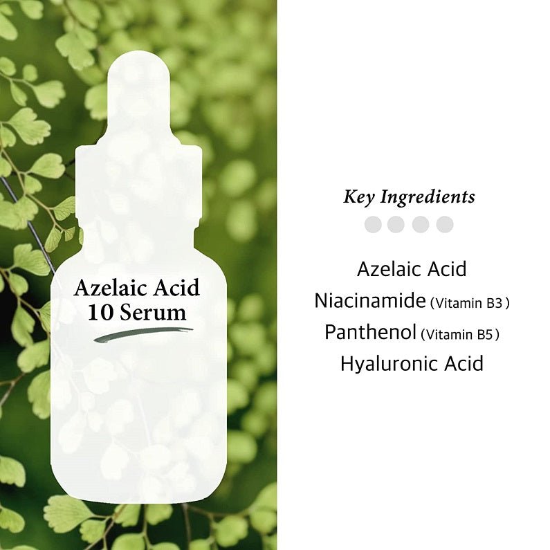 Azelaic acid 10% serum bottle silhouette graphic with key ingredients
