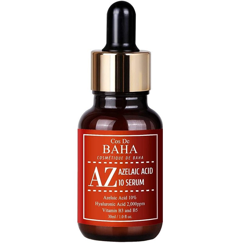 Azelaic acid 10% facial serum bottle with dropper, dark amber glass, gold pump top
