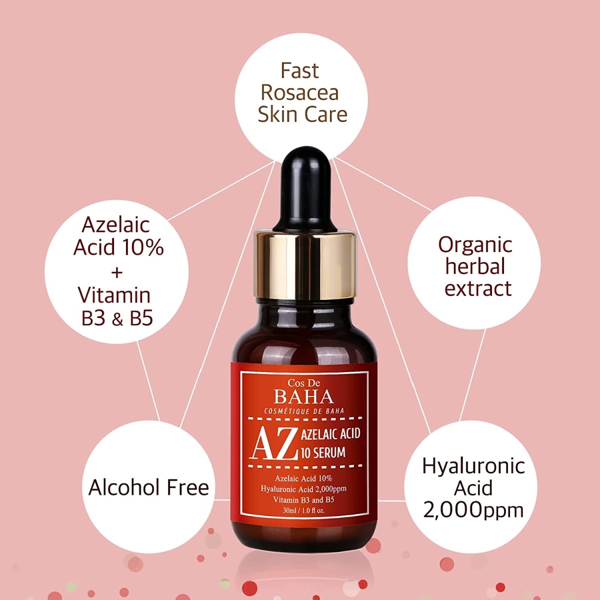 Azelaic acid 10% serum bottle with skincare icons for hyaluronic acid and herbal extract