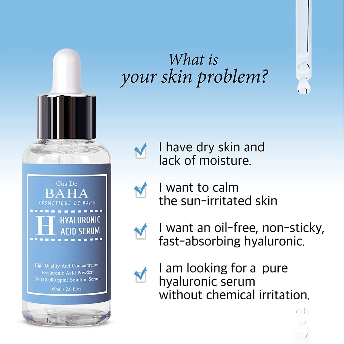Cos De BAHA hyaluronic acid serum bottle with dropper and front label