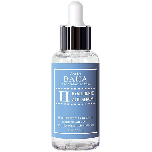 Cos De BAHA Hyaluronic Acid Serum bottle with silver cap and white dropper