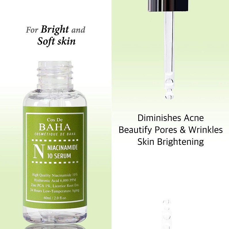 Niacinamide 10% serum bottle with dropper and brightening skincare text