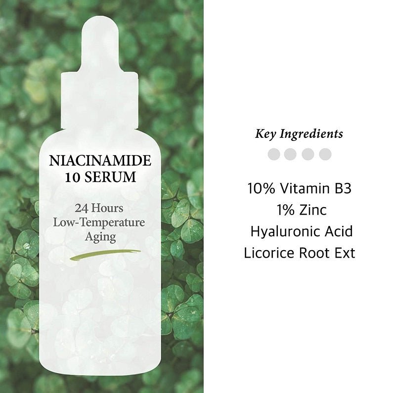 Niacinamide 10% serum bottle with key ingredients graphic and 1% zinc