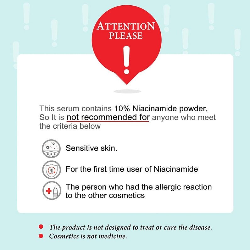Serum attention notice about niacinamide powder and sensitive-skin guidance