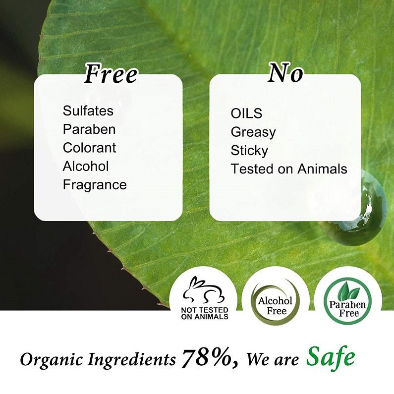 Serum safety claim label with free-from icons: no sulfates, parabens, alcohol