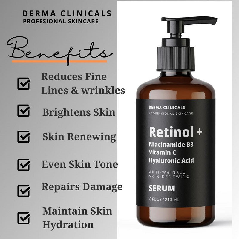 Anti-wrinkle serum bottle with pump; benefits shown: fewer fine lines, brighter skin