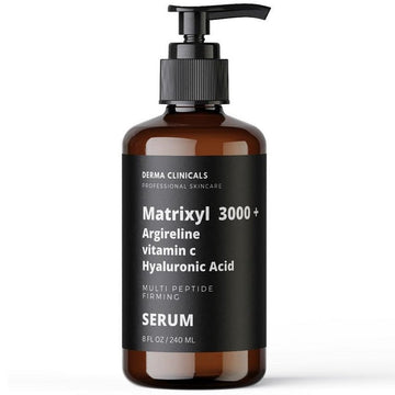 Derma Clinicals Matrixyl 3000+ serum bottle with black pump, brown glass, 240 ml