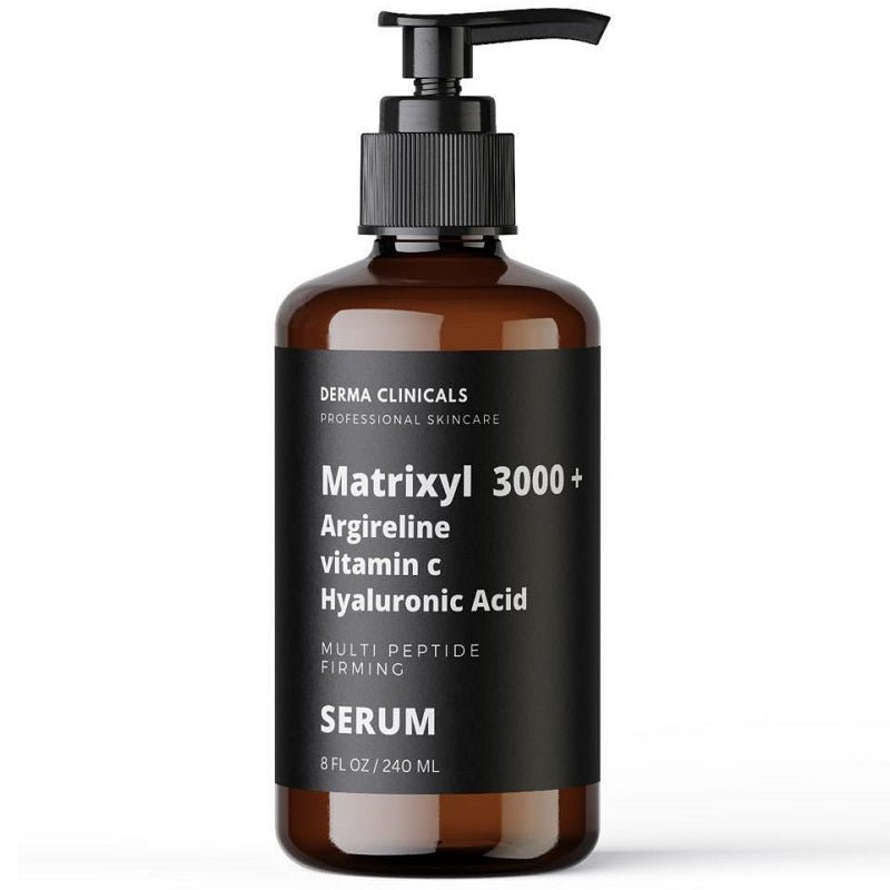 Derma Clinicals Matrixyl 3000+ serum bottle with black pump, brown glass, 240 ml