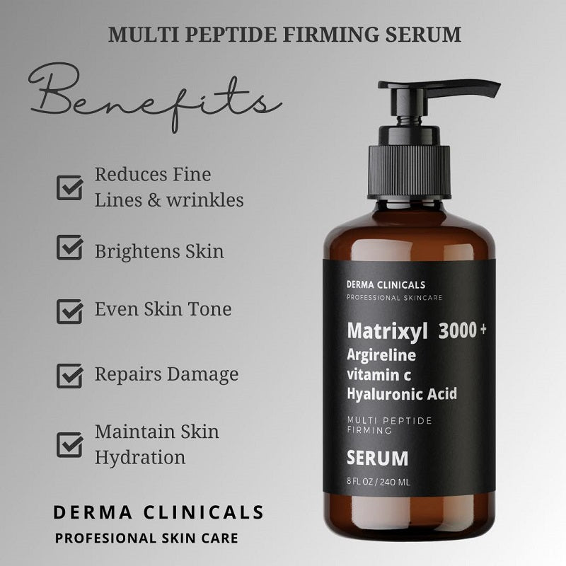 Derma Clinicals Matrixyl 3000+ serum bottle with pump; benefits panel text on left