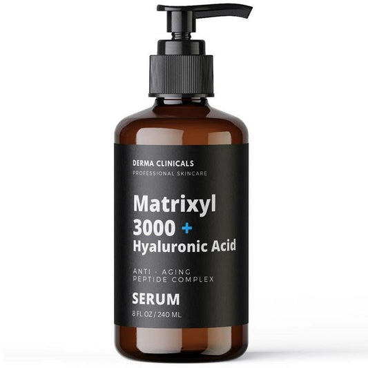 Derma Clinicals Matrixyl 3000 hyaluronic acid serum bottle with black pump, 240 ml