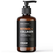 Retinol + Collagen pump cream bottle, amber glass with black dispenser and label