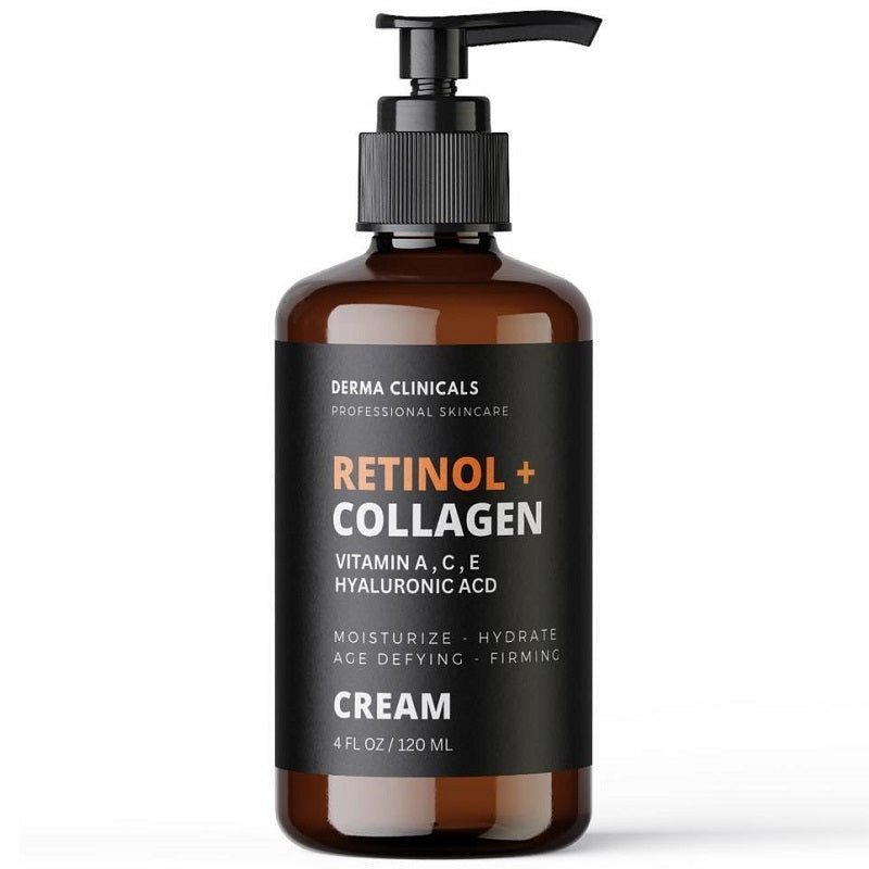 Retinol + Collagen pump cream bottle, amber glass with black dispenser and label