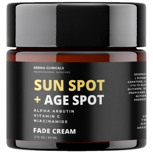 Derma Clinicals Sun Spot + Age Spot Fade Cream jar with orange-and-black label, 60 ml
