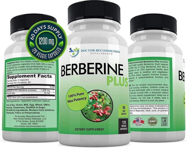Berberine Plus supplement bottles showing Supplement Facts and 120 veggie capsules