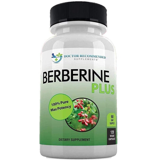 Berberine Plus dietary supplement bottle, black cap, front label 100% pure max potency