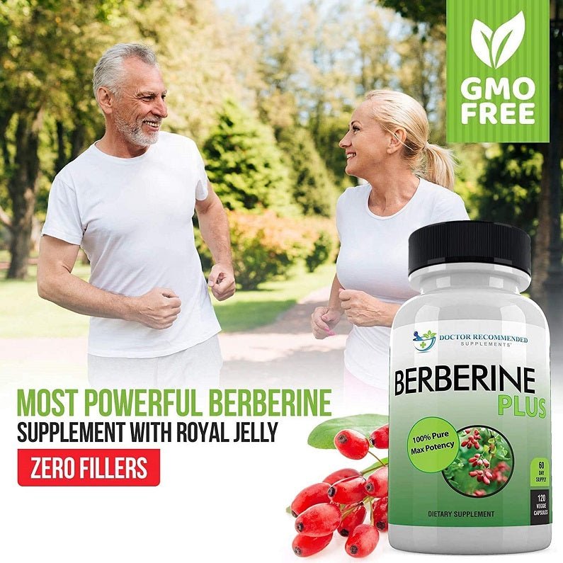 Berberine Plus dietary supplement bottle, black cap, green label, GMO free badge