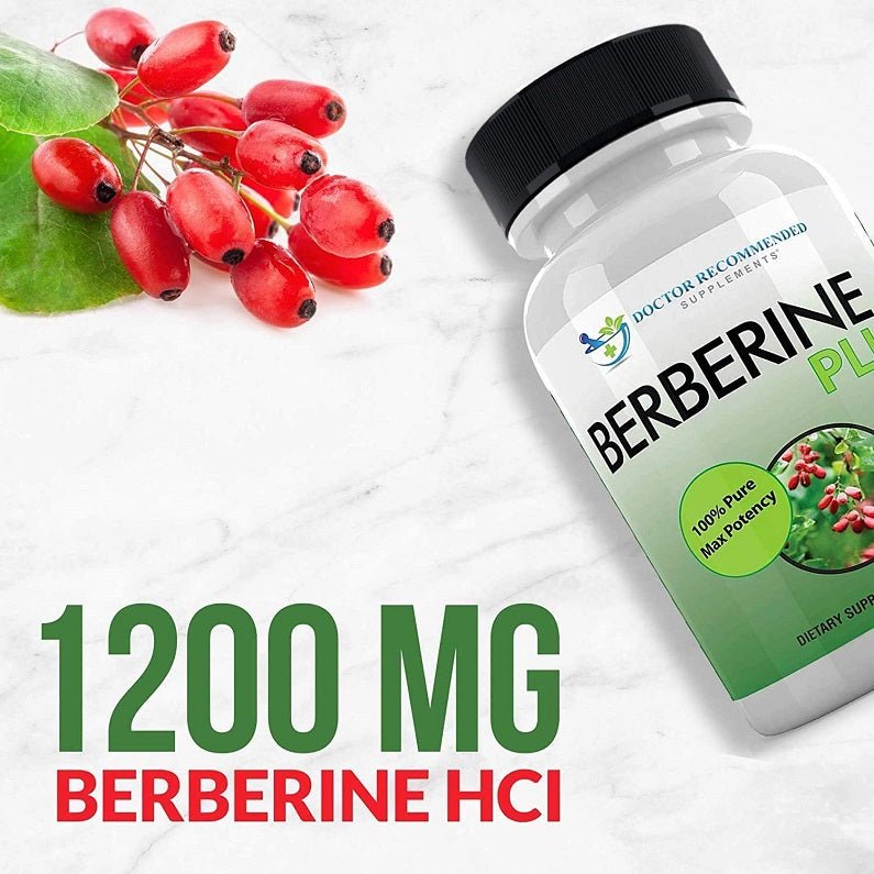 Berberine Plus supplement bottle with 1200 mg Berberine HCl label and green panel