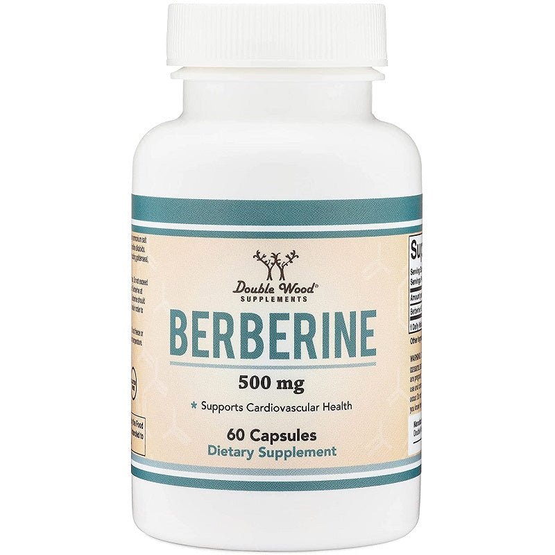 Berberine 500 mg dietary supplement bottle with 60 capsules label by Double Wood