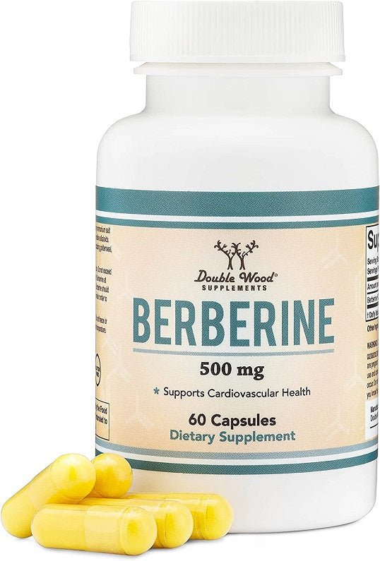 Berberine 500 mg bottle with 60 capsules label and yellow capsules beside it