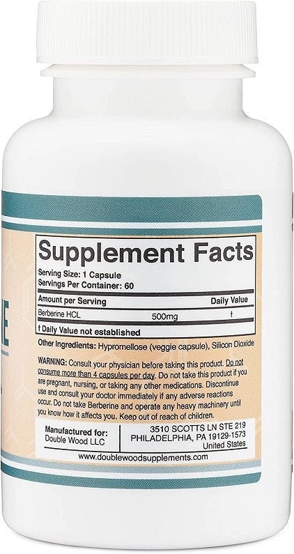 Berberine supplement facts label on bottle for 500 mg, 60 capsules