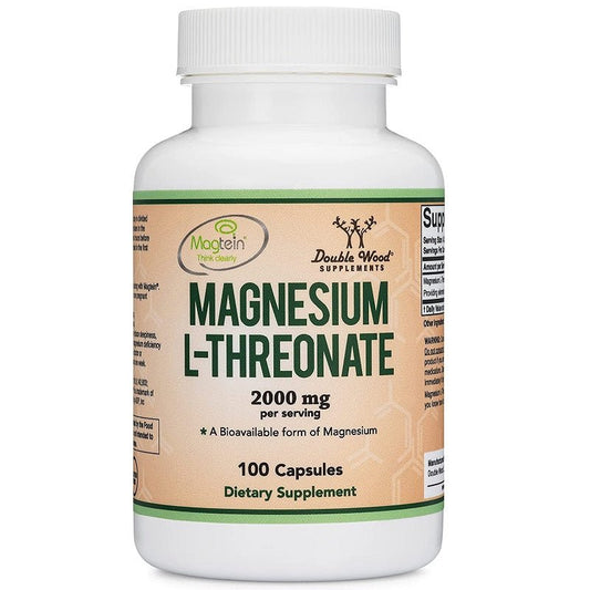 Double Wood magnesium L-threonate supplement bottle, 2000 mg, 100 capsules