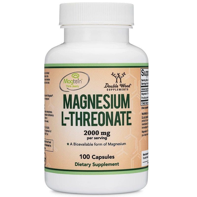Double Wood magnesium L-threonate supplement bottle, 2000 mg, 100 capsules
